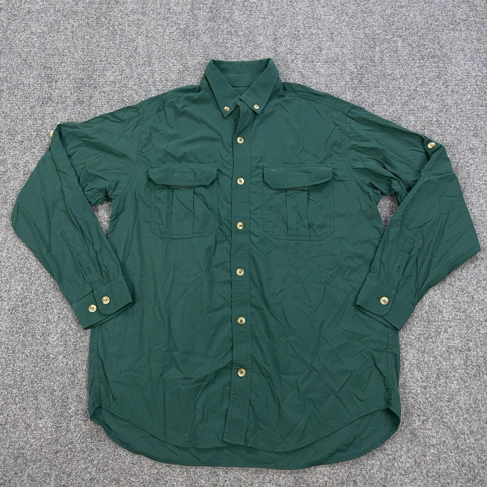 Cabela's Shirt Mens L Green Nylon Button-Up Long Sleeve Pockets‎ Casual
